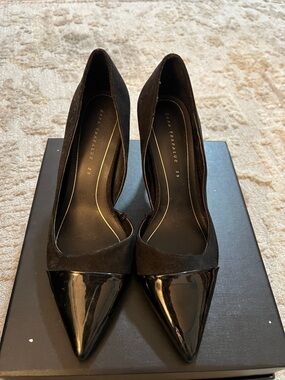 Zara Black Pointed Patent-Toe Suede Pumps